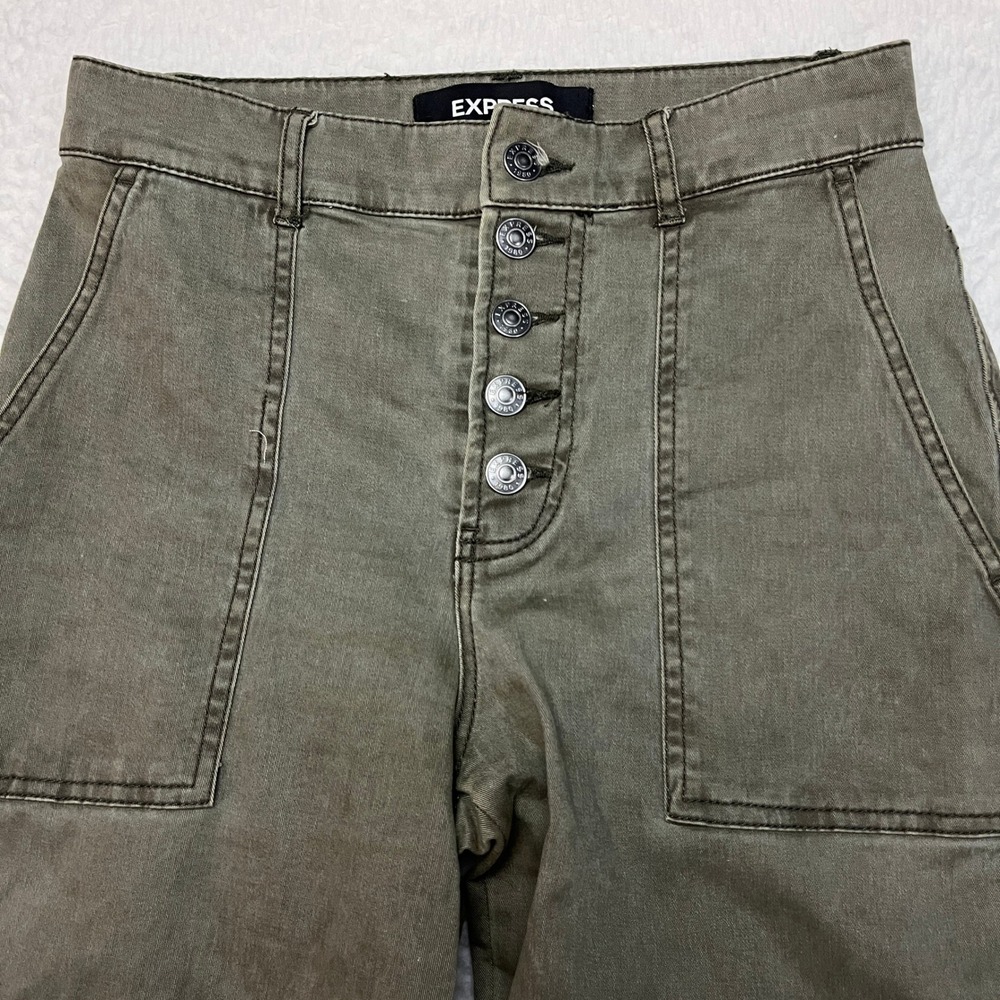 Express Cargo Pants Womens 2R Olive Green High Rise Ankle Button Fly Utility